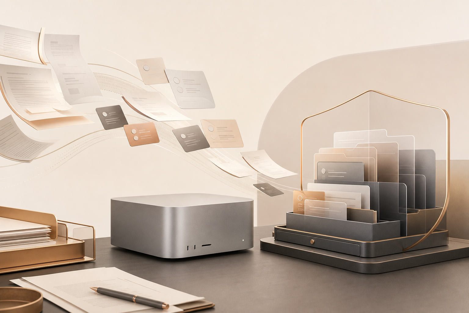Premium desk scene showing a local AI node keeping documents inside a protected workspace